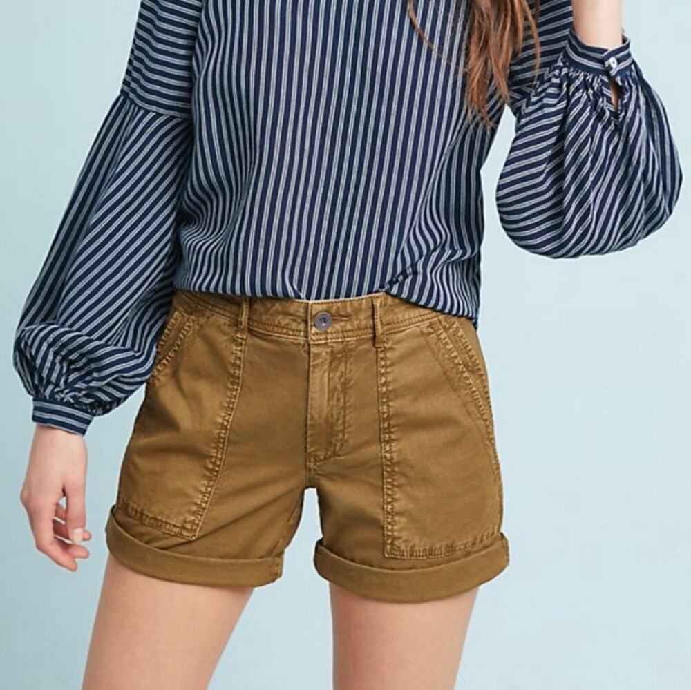 Anthropologie The Wanderer Utility Shorts Cotton Linen Size 29 Khaki Olive Brown